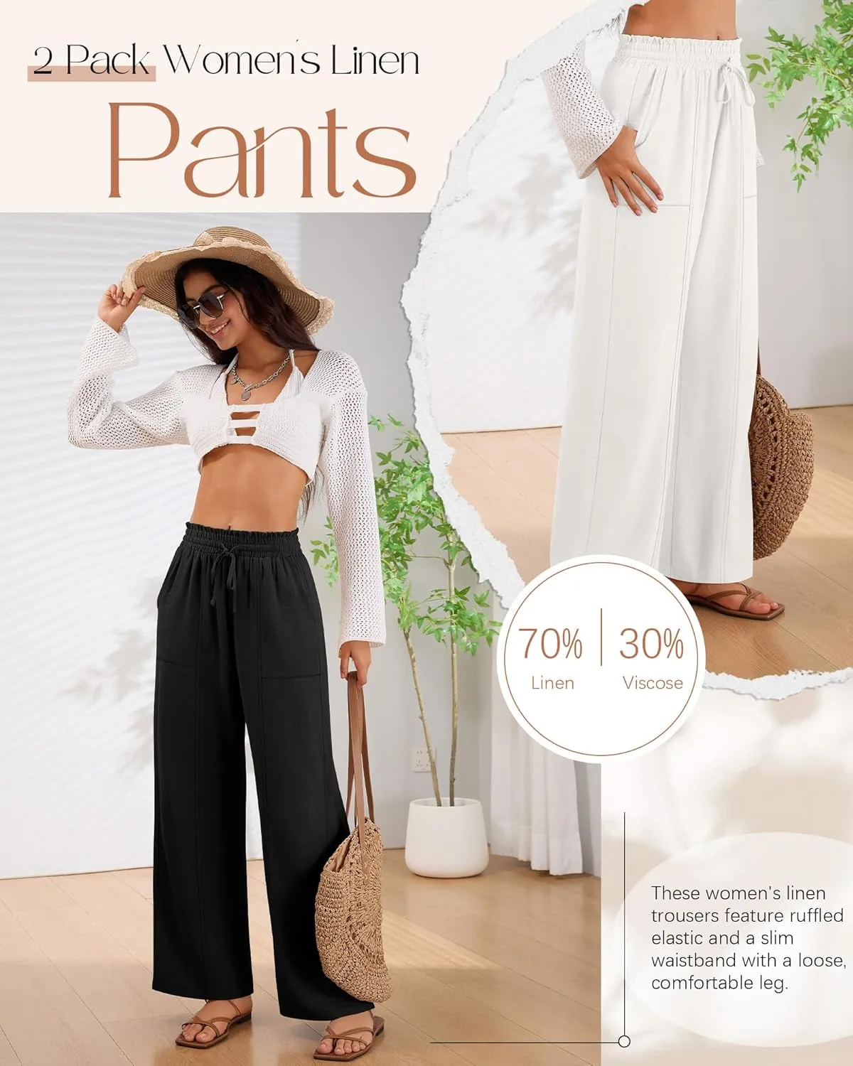 2 Pack Women's Linen Pants Summer Wide Leg Drawstring Elastic Waist Pant Casual Loose Fit Beach Trousers with Pockets