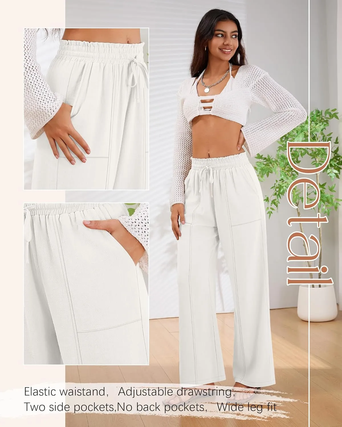 2 Pack Women's Linen Pants Summer Wide Leg Drawstring Elastic Waist Pant Casual Loose Fit Beach Trousers with Pockets