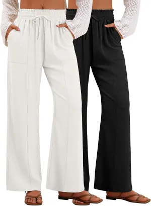 2 Pack Women's Linen Pants Summer Wide Leg Drawstring Elastic Waist Pant Casual Loose Fit Beach Trousers with Pockets
