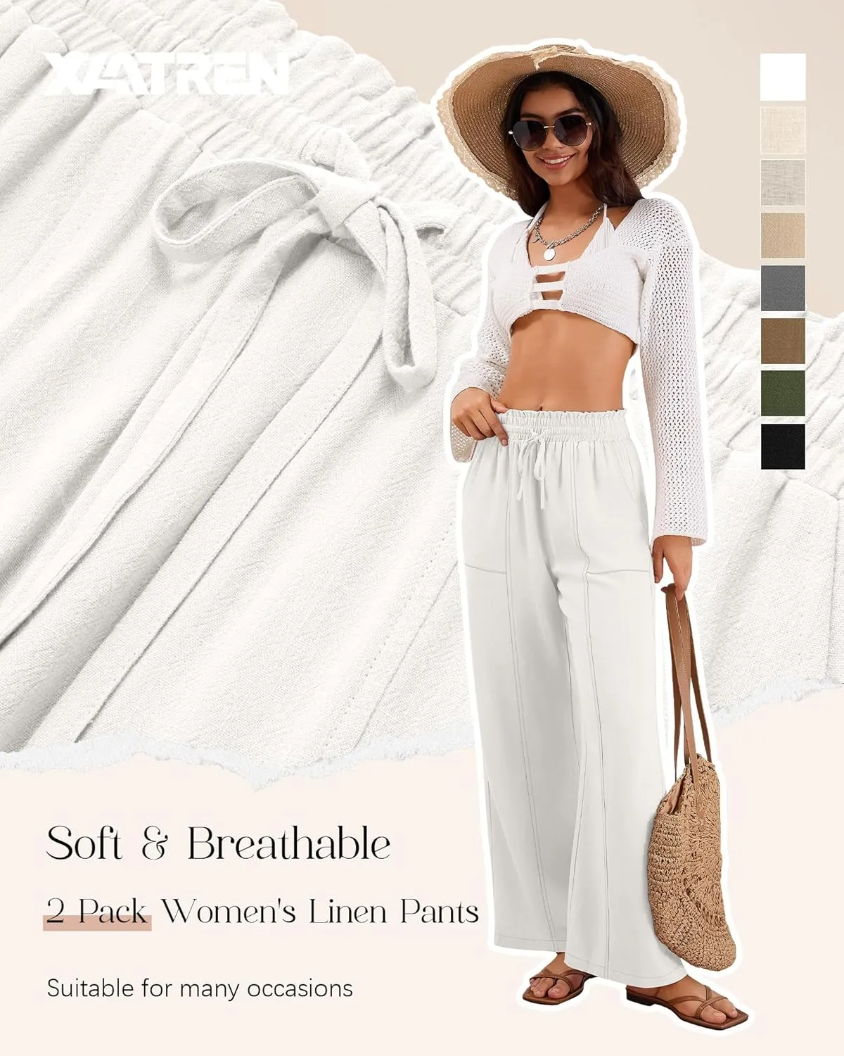2 Pack Women's Linen Pants Summer Wide Leg Drawstring Elastic Waist Pant Casual Loose Fit Beach Trousers with Pockets