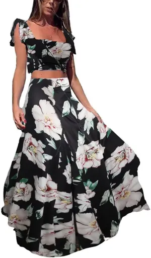 2 Piece Outfits for Women Sexy Skirt Set Ruffle Printed Crop Top and Boho Tropical Maxi Dress Sets