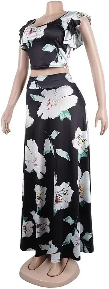 2 Piece Outfits for Women Sexy Skirt Set Ruffle Printed Crop Top and Boho Tropical Maxi Dress Sets