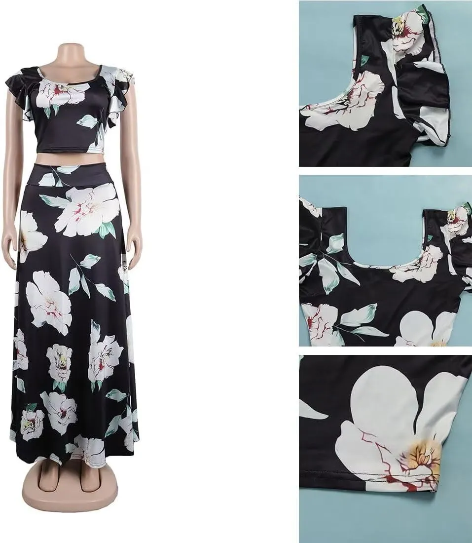 2 Piece Outfits for Women Sexy Skirt Set Ruffle Printed Crop Top and Boho Tropical Maxi Dress Sets