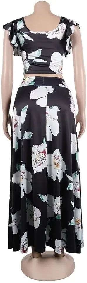 2 Piece Outfits for Women Sexy Skirt Set Ruffle Printed Crop Top and Boho Tropical Maxi Dress Sets