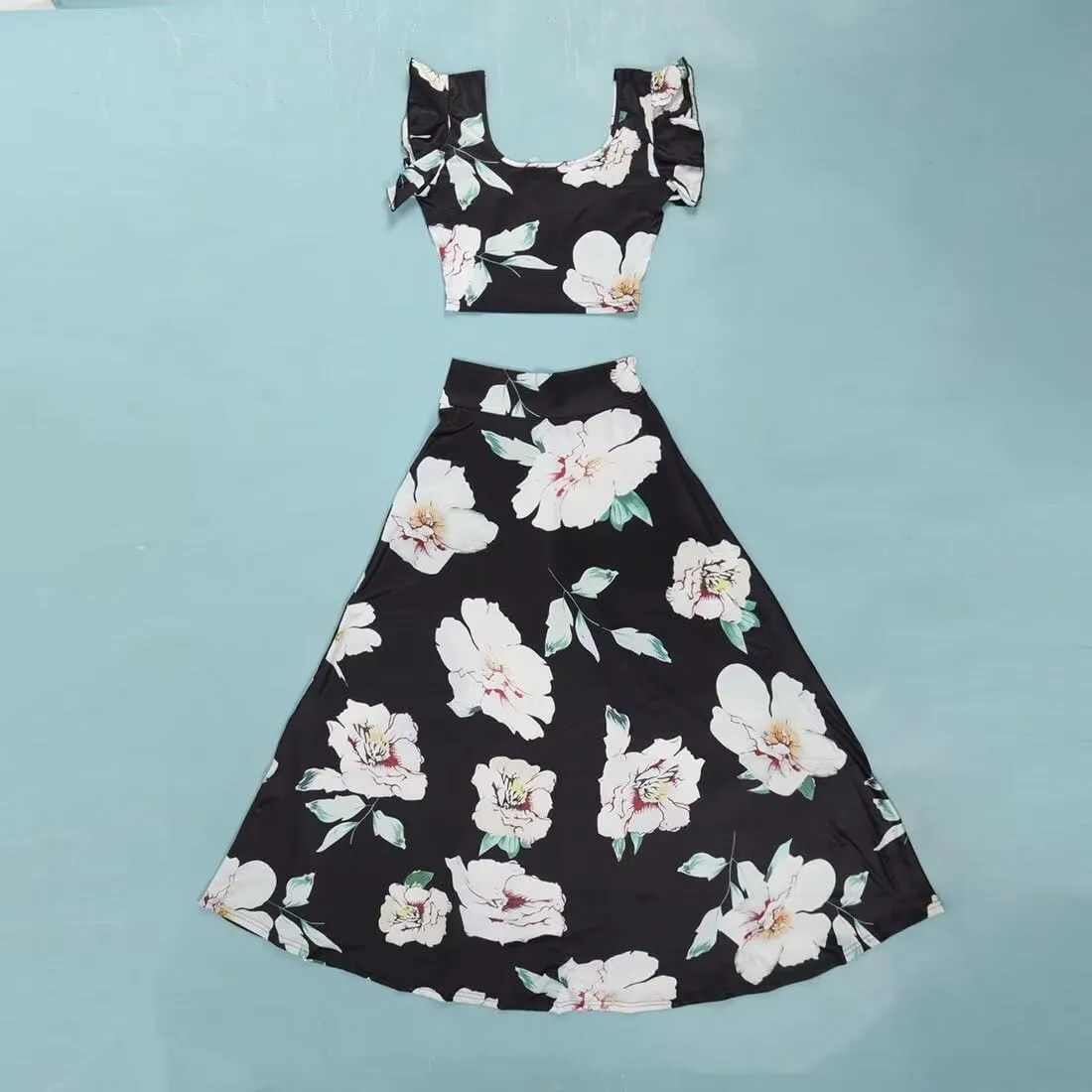 2 Piece Outfits for Women Sexy Skirt Set Ruffle Printed Crop Top and Boho Tropical Maxi Dress Sets