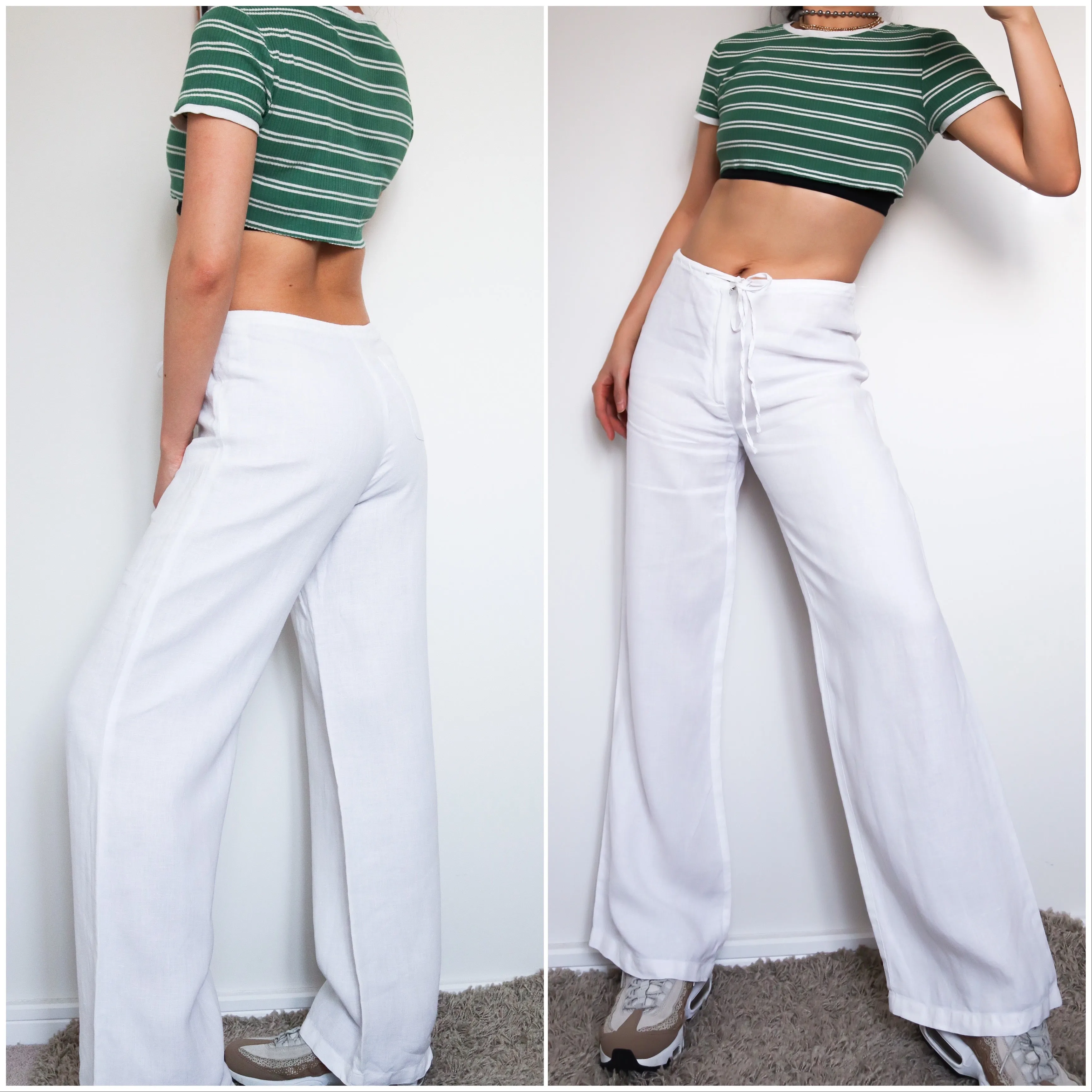 90s Y2K 00s TIE WAIST WITH BACK POCKETS SIMPLE WHITE LINEN TROUSERS