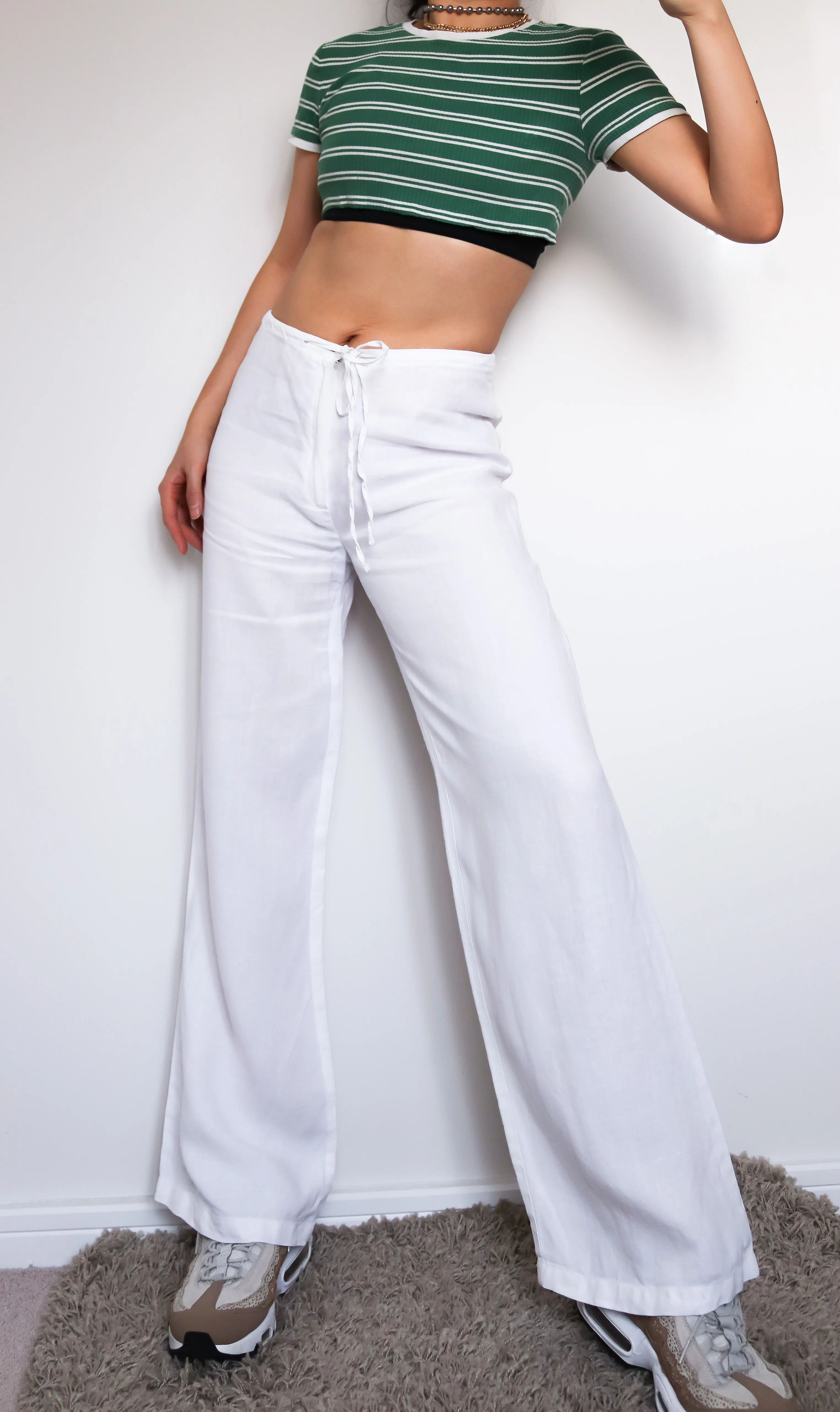 90s Y2K 00s TIE WAIST WITH BACK POCKETS SIMPLE WHITE LINEN TROUSERS