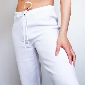 90s Y2K 00s TIE WAIST WITH BACK POCKETS SIMPLE WHITE LINEN TROUSERS