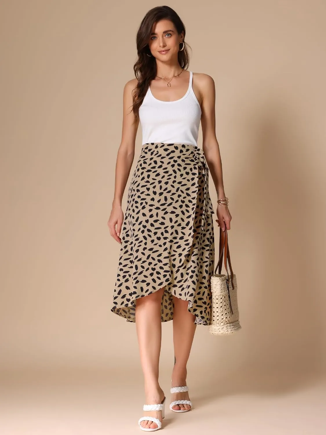 Allegra K Women's Printed Midi Skirt Tie Front Split Floral Wrap Skirts