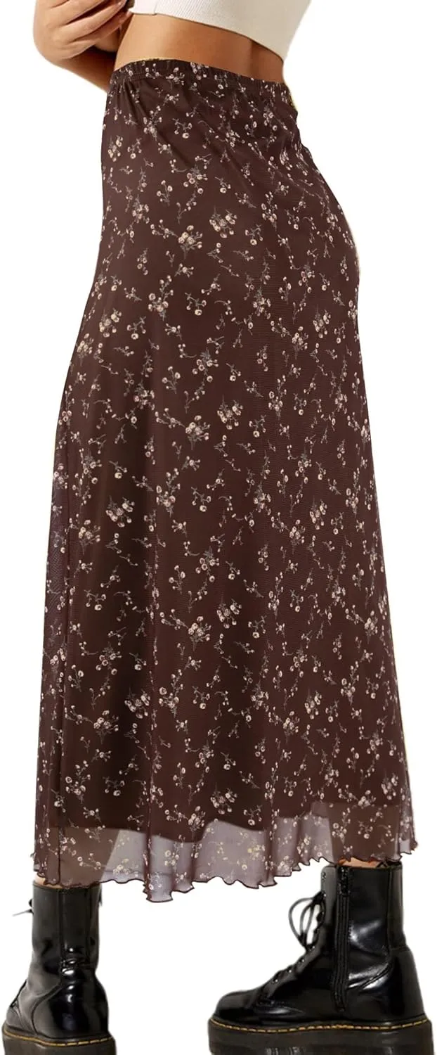 Avanova Women Mesh Floral Boho High Waist Midi Skirt Lettuce Trim Summer A Line Skirt