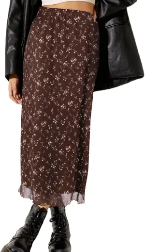 Avanova Women Mesh Floral Boho High Waist Midi Skirt Lettuce Trim Summer A Line Skirt