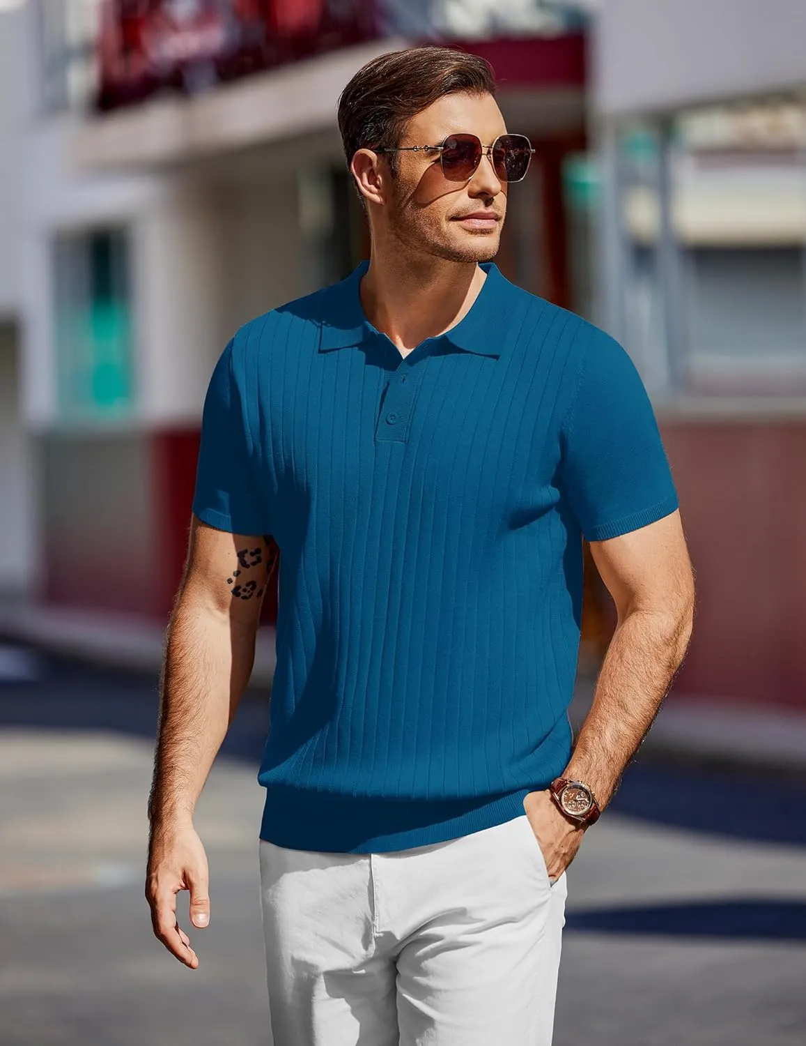 COOFANDY Men's Knit Polo Shirts Short Sleeve Ribbed Knitted Shirt Summer Lightweight Casual Golf Shirts
