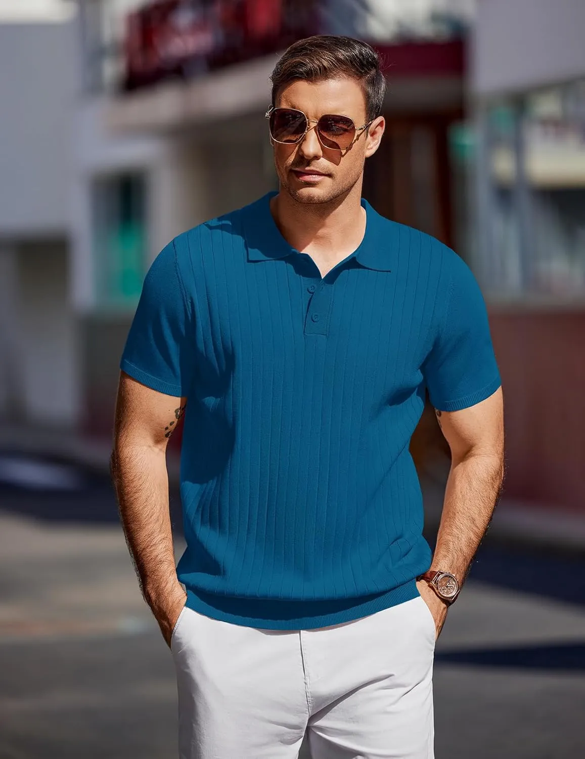 COOFANDY Men's Knit Polo Shirts Short Sleeve Ribbed Knitted Shirt Summer Lightweight Casual Golf Shirts