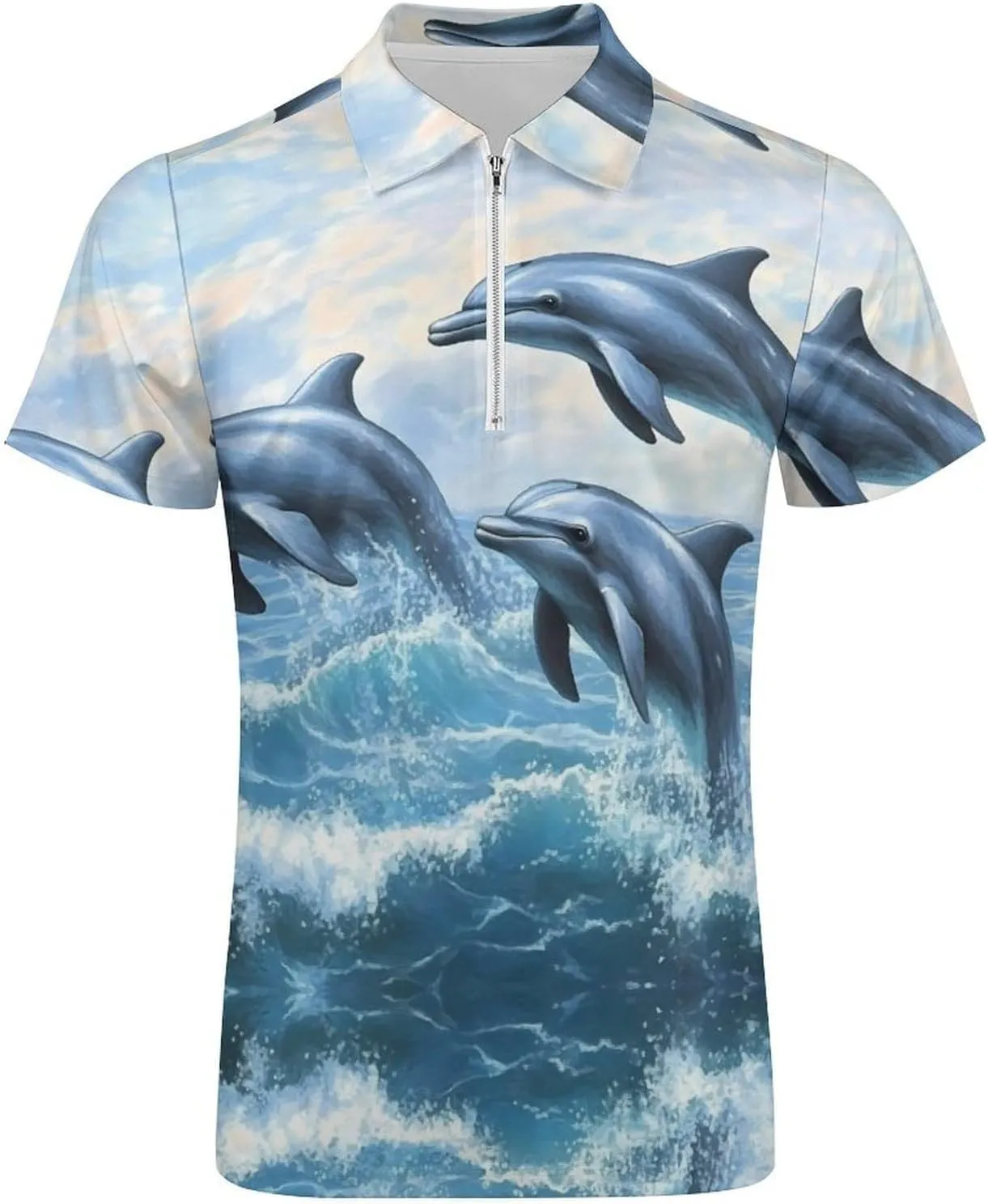 Dolphins Jumping Out Of Ocean Waves Mens Polo Shirts Short Sleeve Golf Zipped T-shirt Slim Fit V-neck Tennis Tops