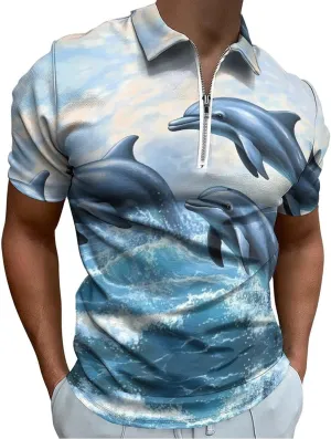 Dolphins Jumping Out Of Ocean Waves Mens Polo Shirts Short Sleeve Golf Zipped T-shirt Slim Fit V-neck Tennis Tops