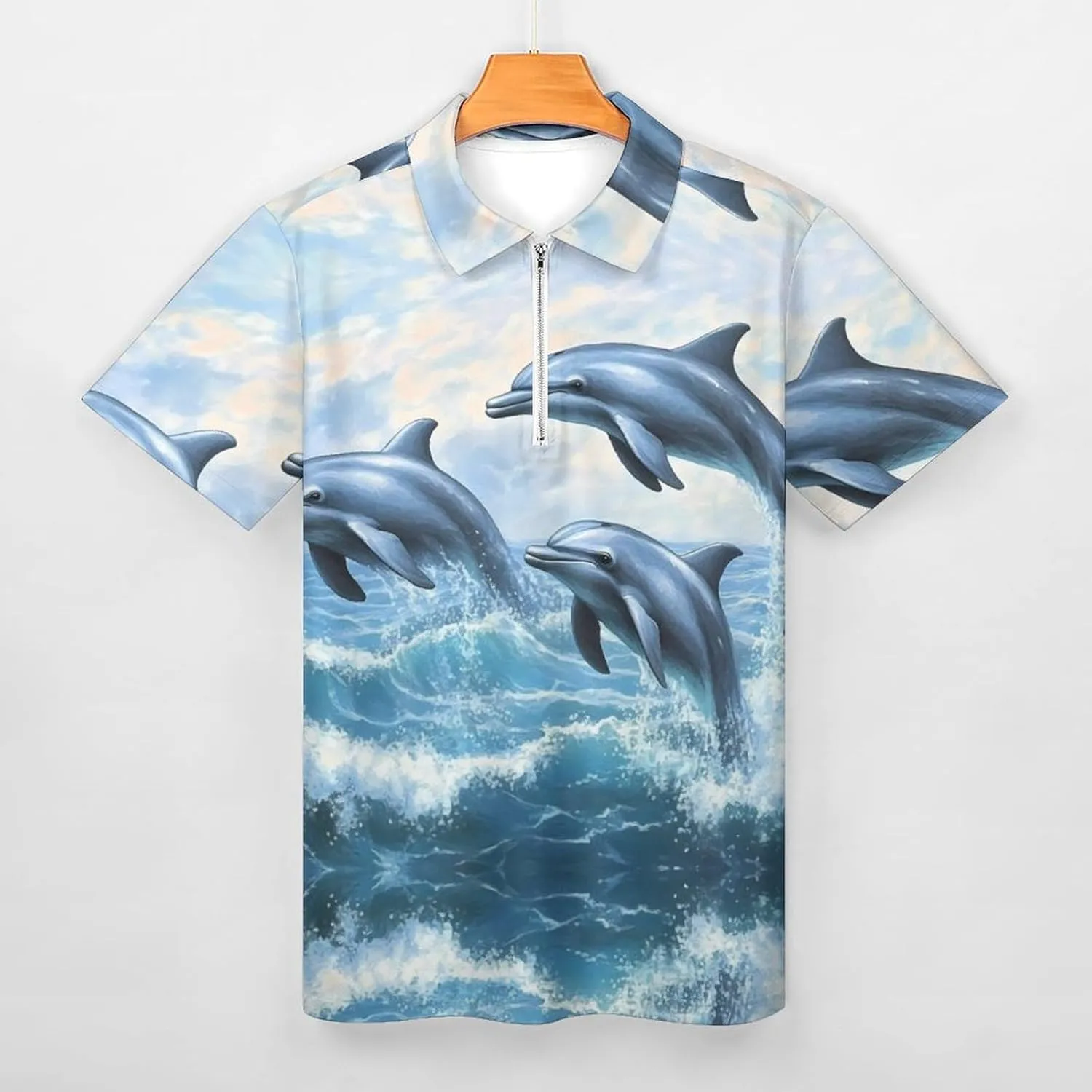 Dolphins Jumping Out Of Ocean Waves Mens Polo Shirts Short Sleeve Golf Zipped T-shirt Slim Fit V-neck Tennis Tops