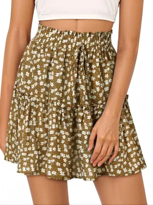 Ezcosplay Women Boho Ruffle Floral Mini Skirt High Waisted Ditsy Floral A Line Summer Beach Short Skirt