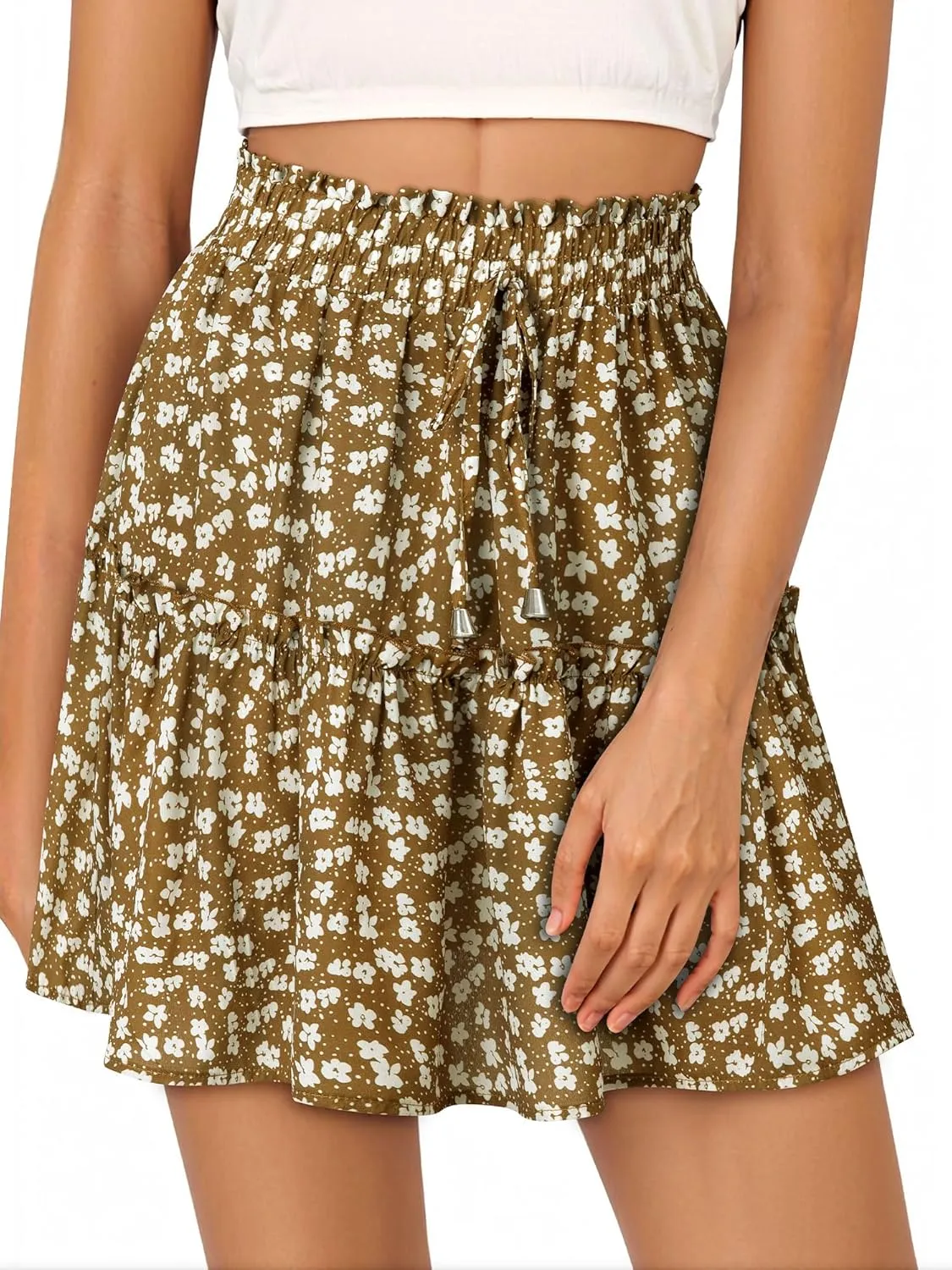 Ezcosplay Women Boho Ruffle Floral Mini Skirt High Waisted Ditsy Floral A Line Summer Beach Short Skirt