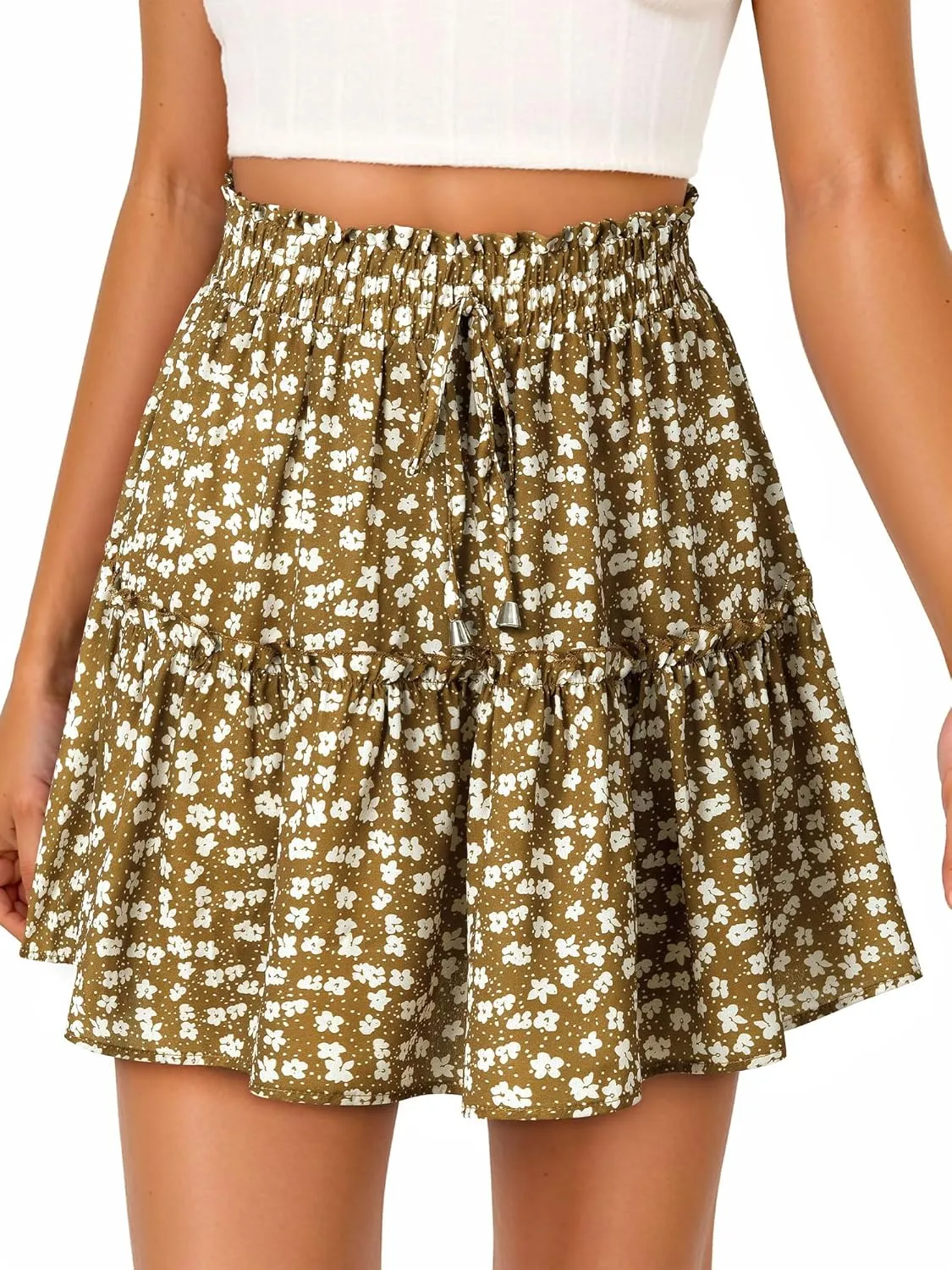 Ezcosplay Women Boho Ruffle Floral Mini Skirt High Waisted Ditsy Floral A Line Summer Beach Short Skirt