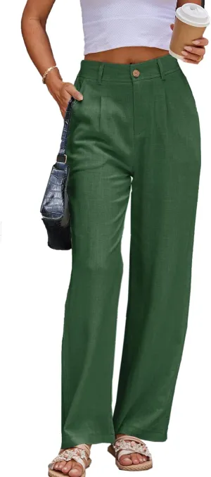 Fakanhui Women's Linen Dressy Work Casual Pants Summer Business Straight Wide Leg Cotton Linen Trouser Pants