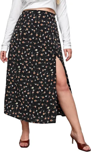 Floerns Women's Plus Size Boho Floral High Waist Split Thigh A Line Midi Skirt