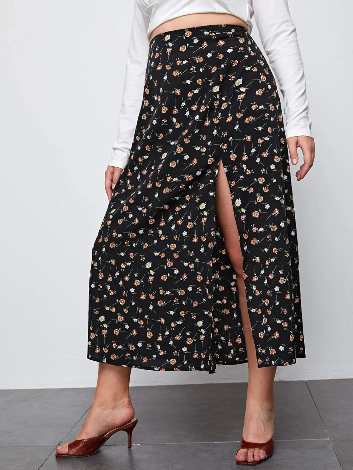 Floerns Women's Plus Size Boho Floral High Waist Split Thigh A Line Midi Skirt