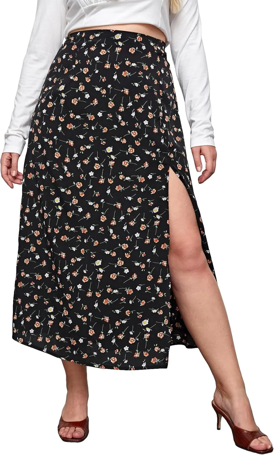 Floerns Women's Plus Size Boho Floral High Waist Split Thigh A Line Midi Skirt