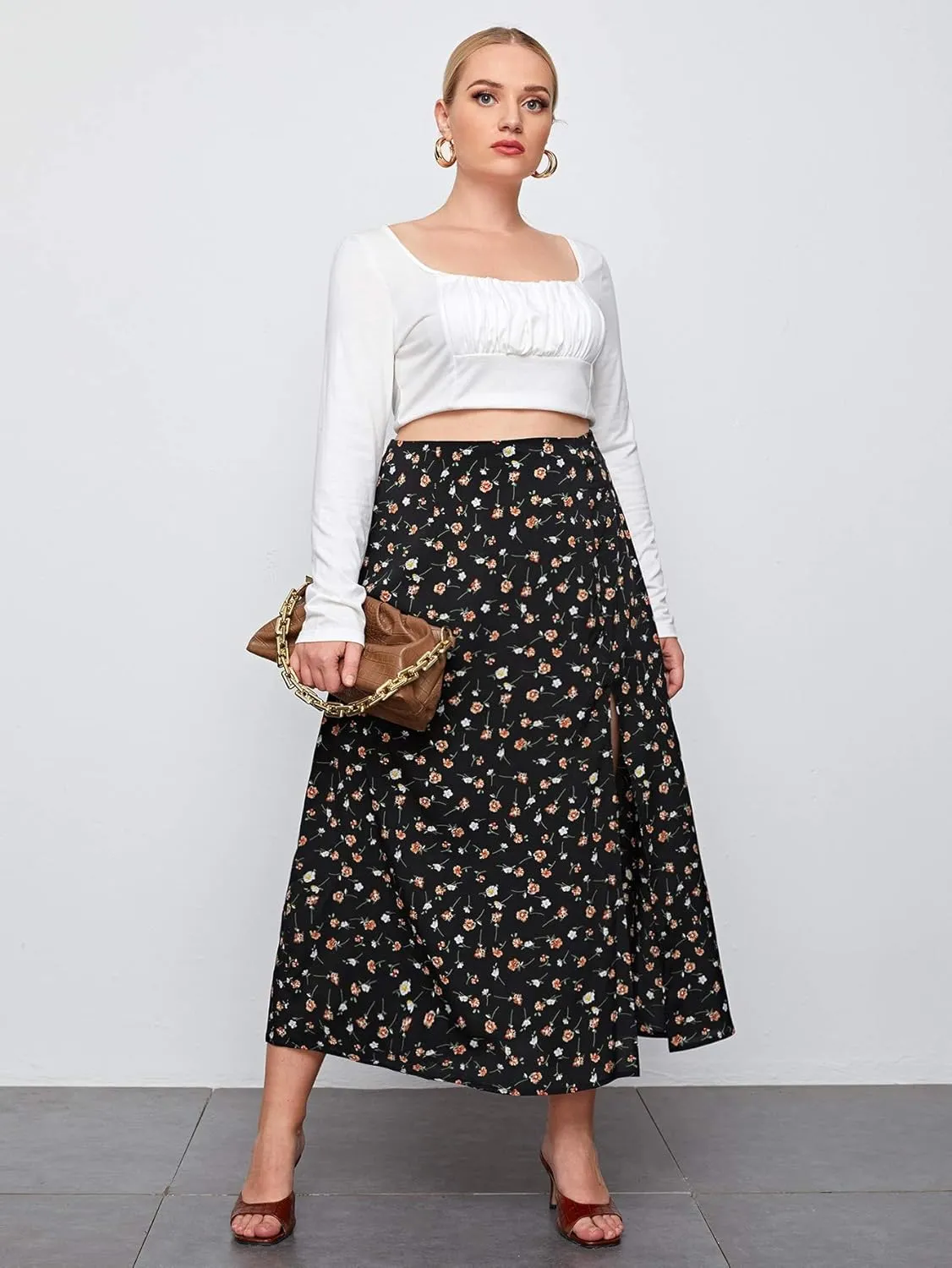 Floerns Women's Plus Size Boho Floral High Waist Split Thigh A Line Midi Skirt