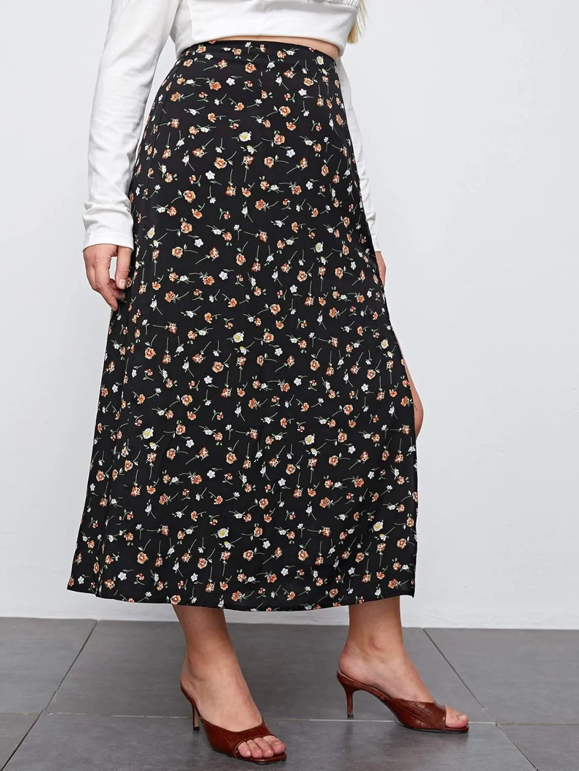 Floerns Women's Plus Size Boho Floral High Waist Split Thigh A Line Midi Skirt
