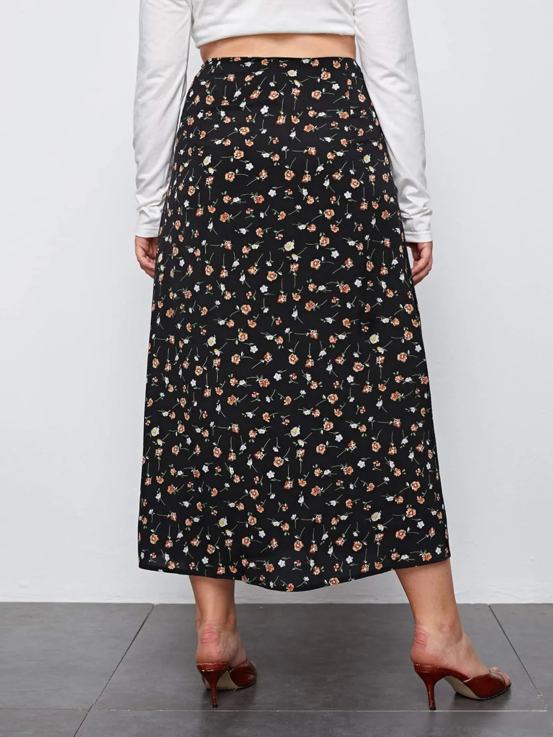 Floerns Women's Plus Size Boho Floral High Waist Split Thigh A Line Midi Skirt