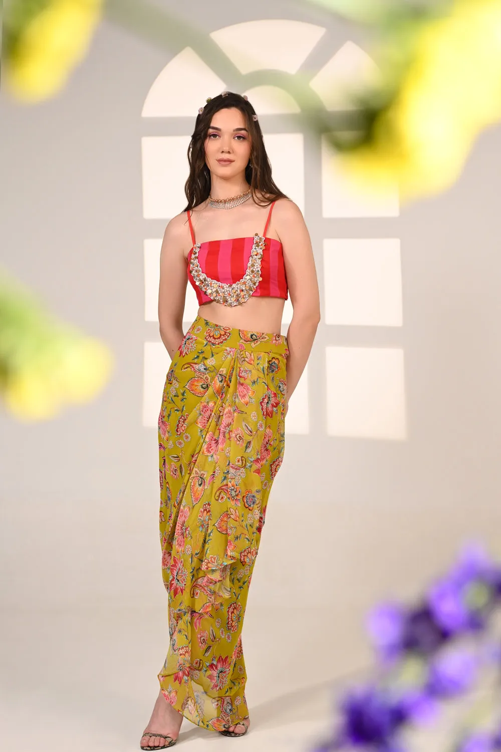 Floral Printed Drape Skirt Set