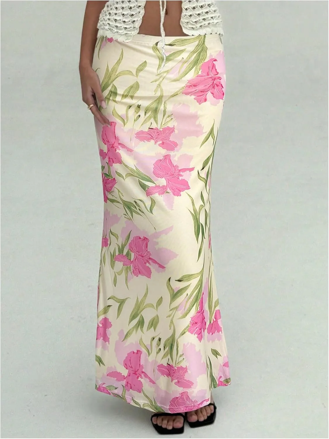 GORGLITTER Women's Floral Mesh Maxi Skirt Flowy Low Rise Vintage Fishtail Bodycon Skirts