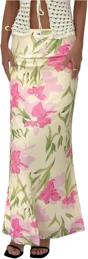 GORGLITTER Women's Floral Mesh Maxi Skirt Flowy Low Rise Vintage Fishtail Bodycon Skirts
