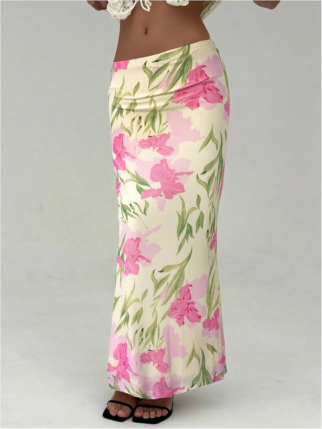 GORGLITTER Women's Floral Mesh Maxi Skirt Flowy Low Rise Vintage Fishtail Bodycon Skirts