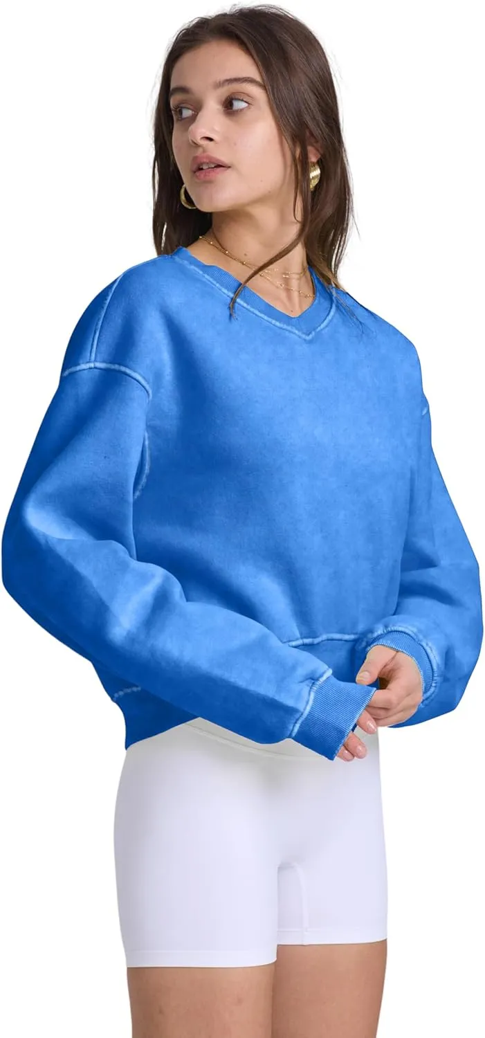 Hatant Sweatshirt for Women Acid Wash Athletic Hoodie Heritage Fleece V-neck Long Sleeve Hoodie Fleece Women Sweatshirt