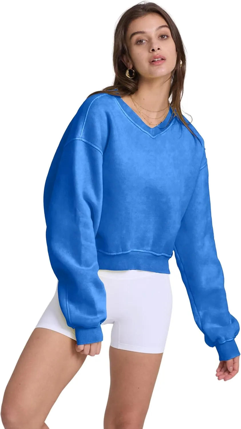 Hatant Sweatshirt for Women Acid Wash Athletic Hoodie Heritage Fleece V-neck Long Sleeve Hoodie Fleece Women Sweatshirt