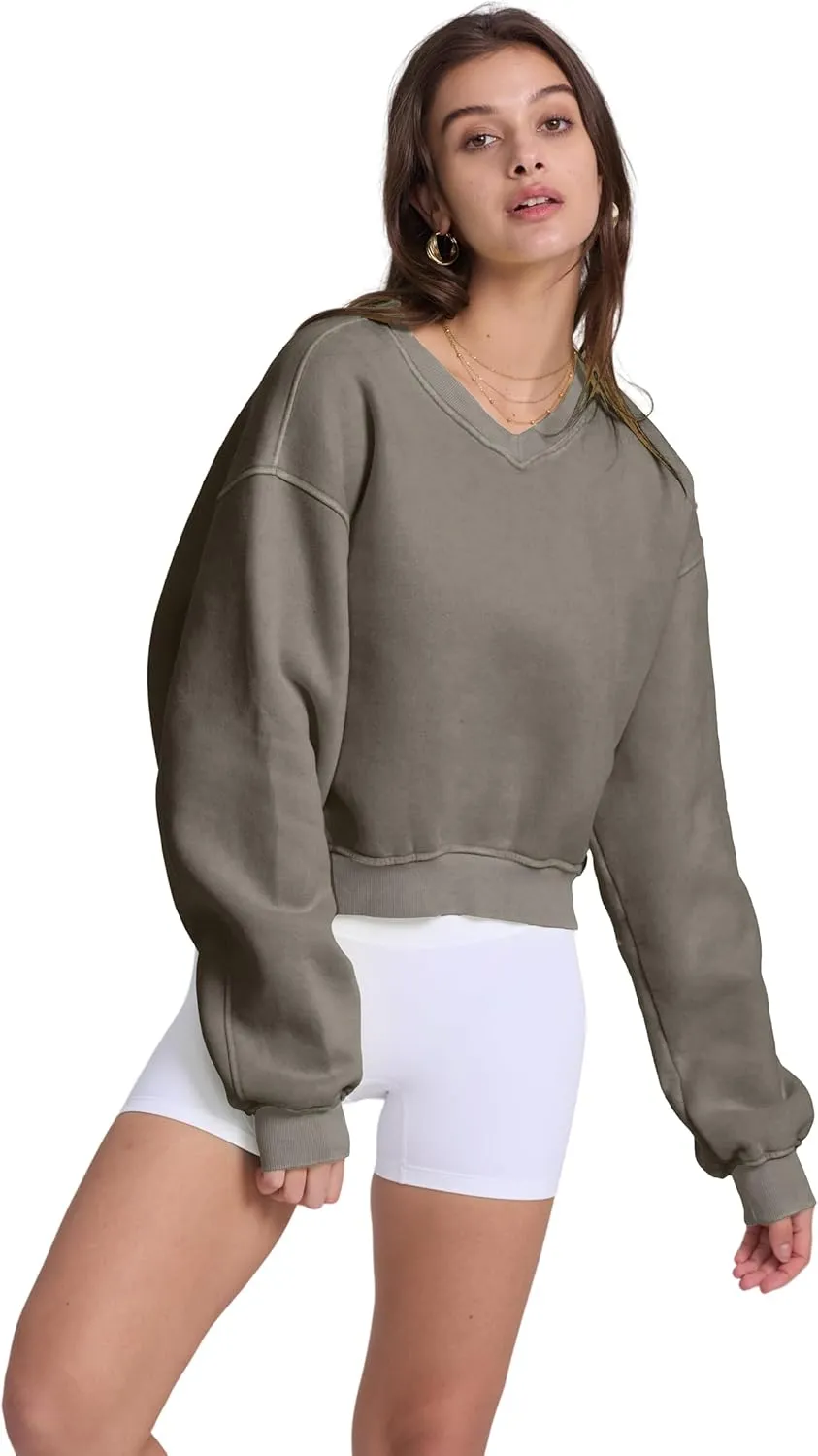 Hatant Sweatshirt for Women Acid Wash Athletic Hoodie Heritage Fleece V-neck Long Sleeve Hoodie Fleece Women Sweatshirt