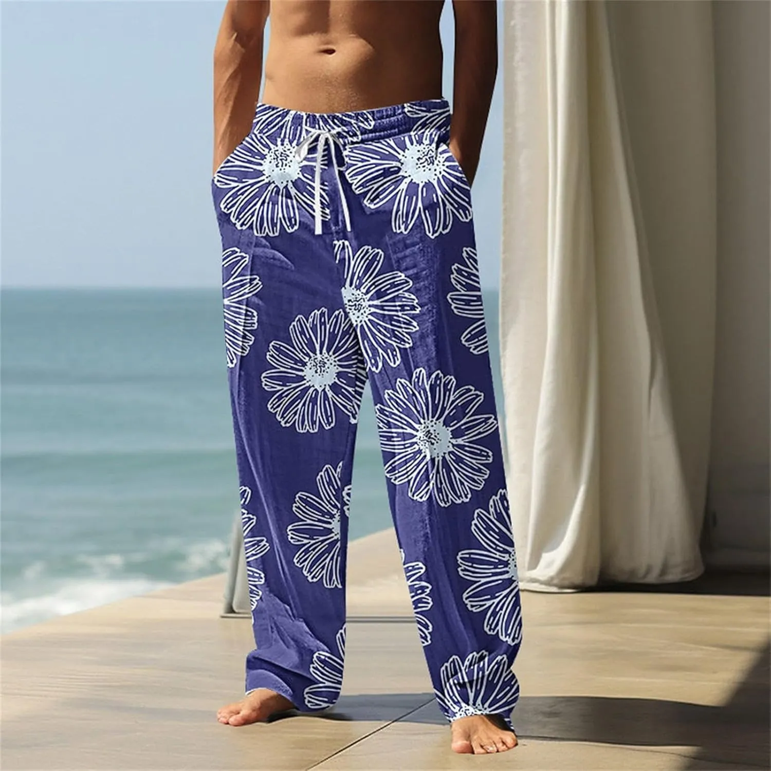 Hawaiian Ocean Wave Sweatpants for Men Lightweight Beachwear Lounge Pants Comfy Relaxed Fit Tropical Vacation Pants