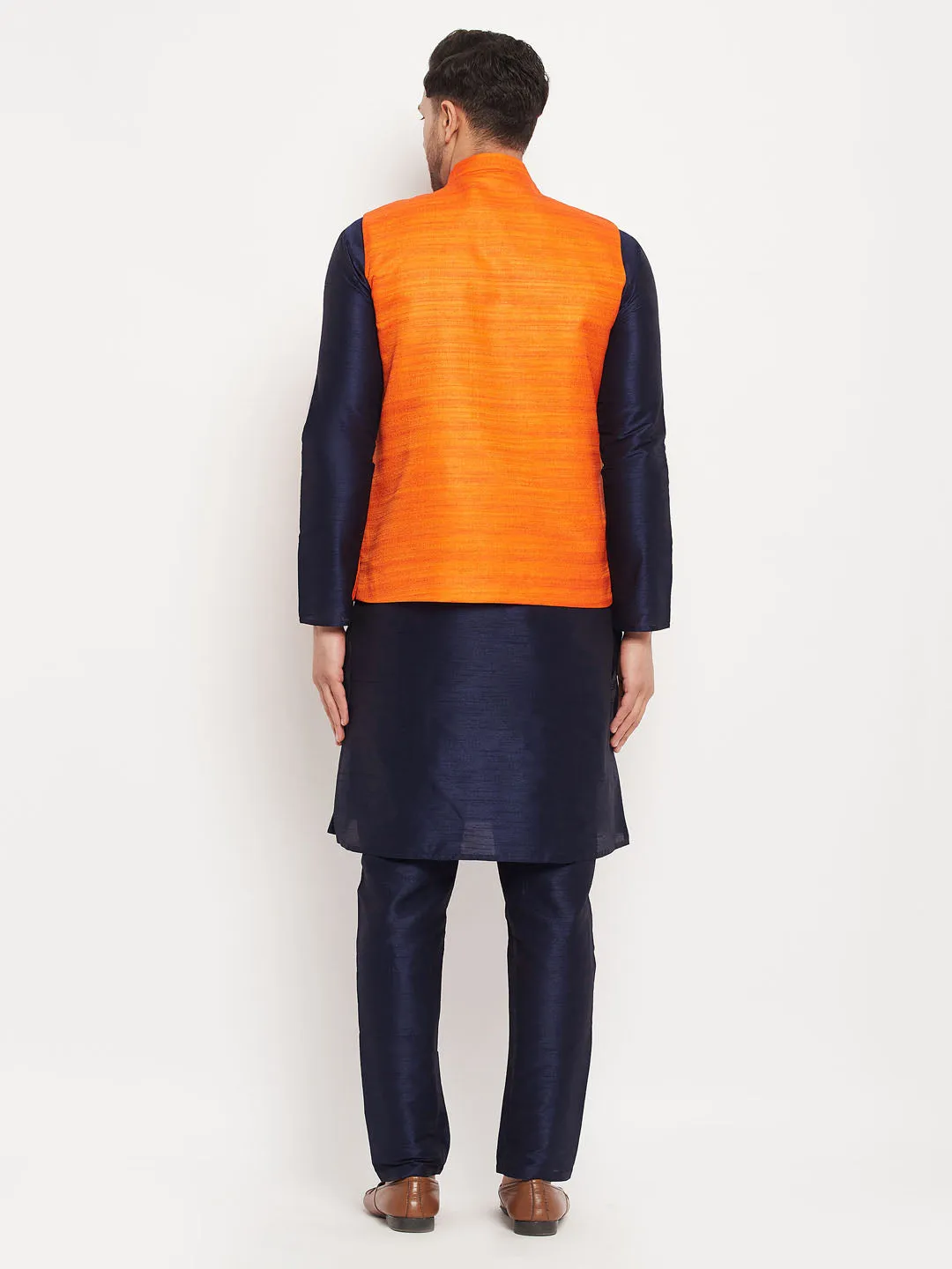 Jashvi Men's Orange Matka Silk Nehru Jacket With Navy Blue Silk Blend Kurta and Pant style Pyjama Set