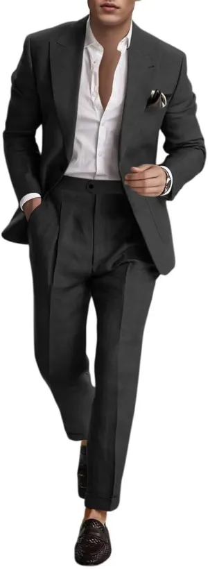 Linen Suit for Men 2 Pieces Summer Casual Suits Slim Fit Groomsmen Tuxedos Beach Wedding Party Blazer Pants Set