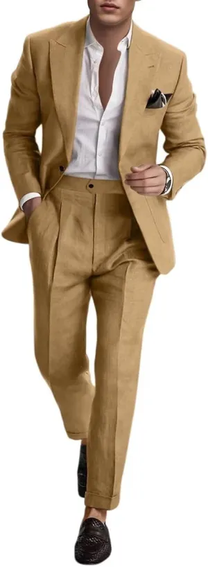 Linen Suit for Men 2 Pieces Summer Casual Suits Slim Fit Groomsmen Tuxedos Beach Wedding Party Blazer Pants Set