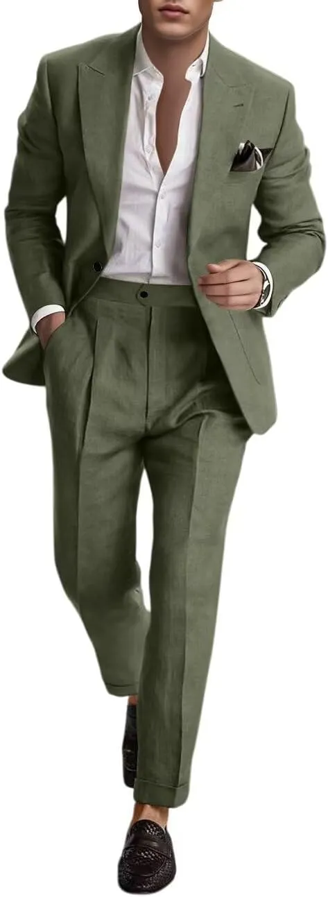 Linen Suit for Men 2 Pieces Summer Casual Suits Slim Fit Groomsmen Tuxedos Beach Wedding Party Blazer Pants Set