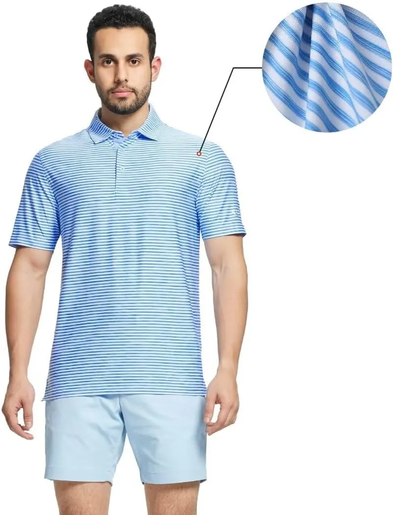M MAELREG Golf Polo Shirts for Men Short Sleeve Dry Fit Striped Performance Moisture Wicking Collared Casual Mens Golf Shirt