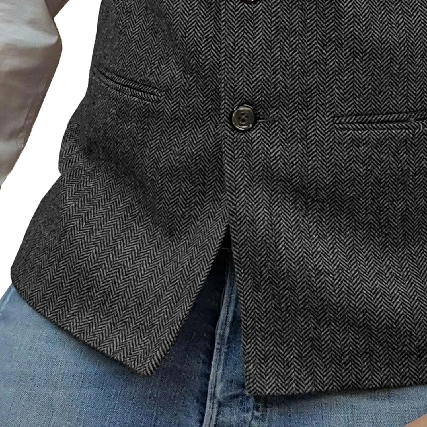 Mens Herringbone Wool Vests Slim Fit High Collar Waistcoats Tweed Wool Regular Fit Dress Vest