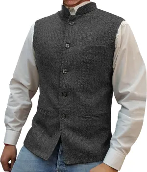 Mens Herringbone Wool Vests Slim Fit High Collar Waistcoats Tweed Wool Regular Fit Dress Vest