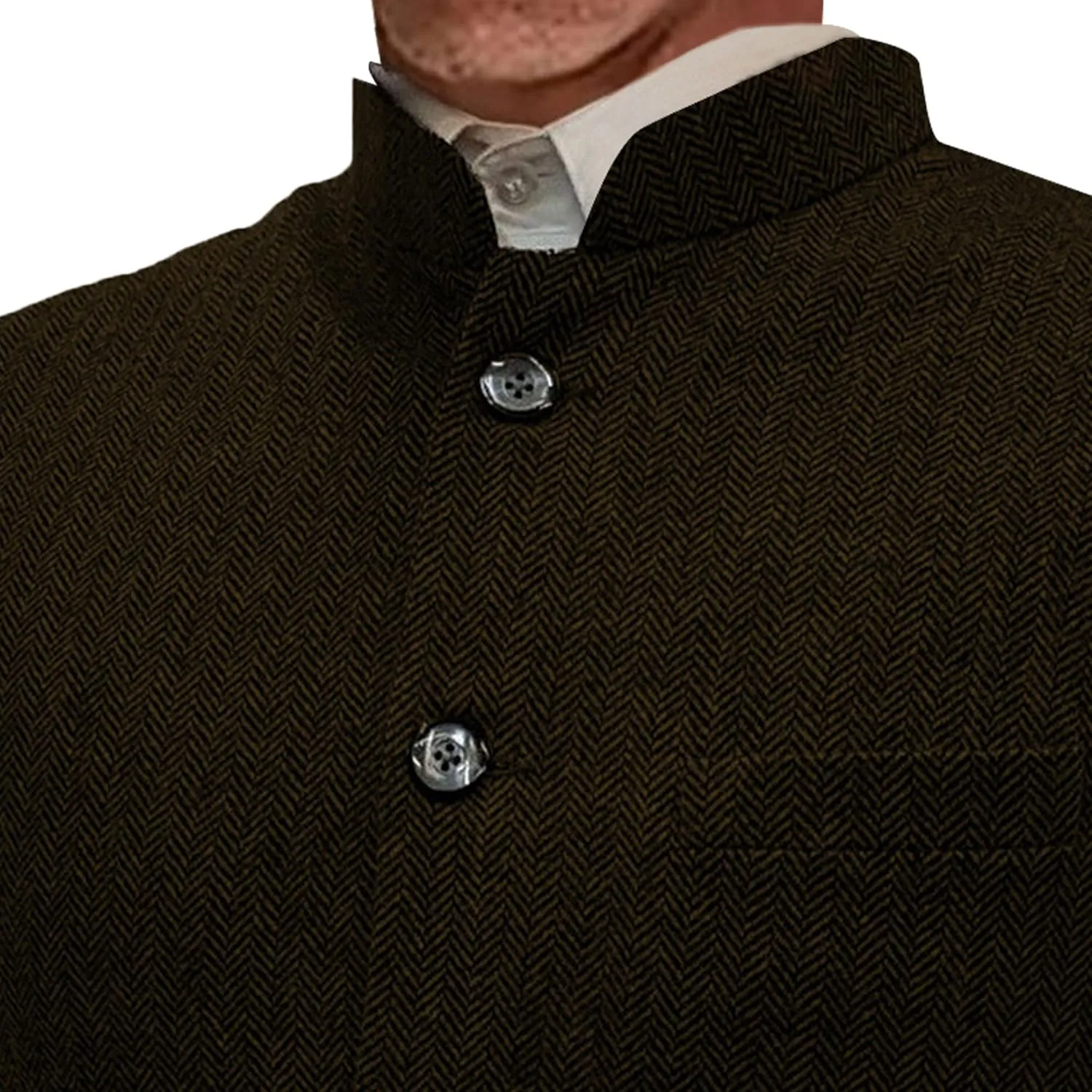 Mens Herringbone Wool Vests Slim Fit High Collar Waistcoats Tweed Wool Regular Fit Dress Vest