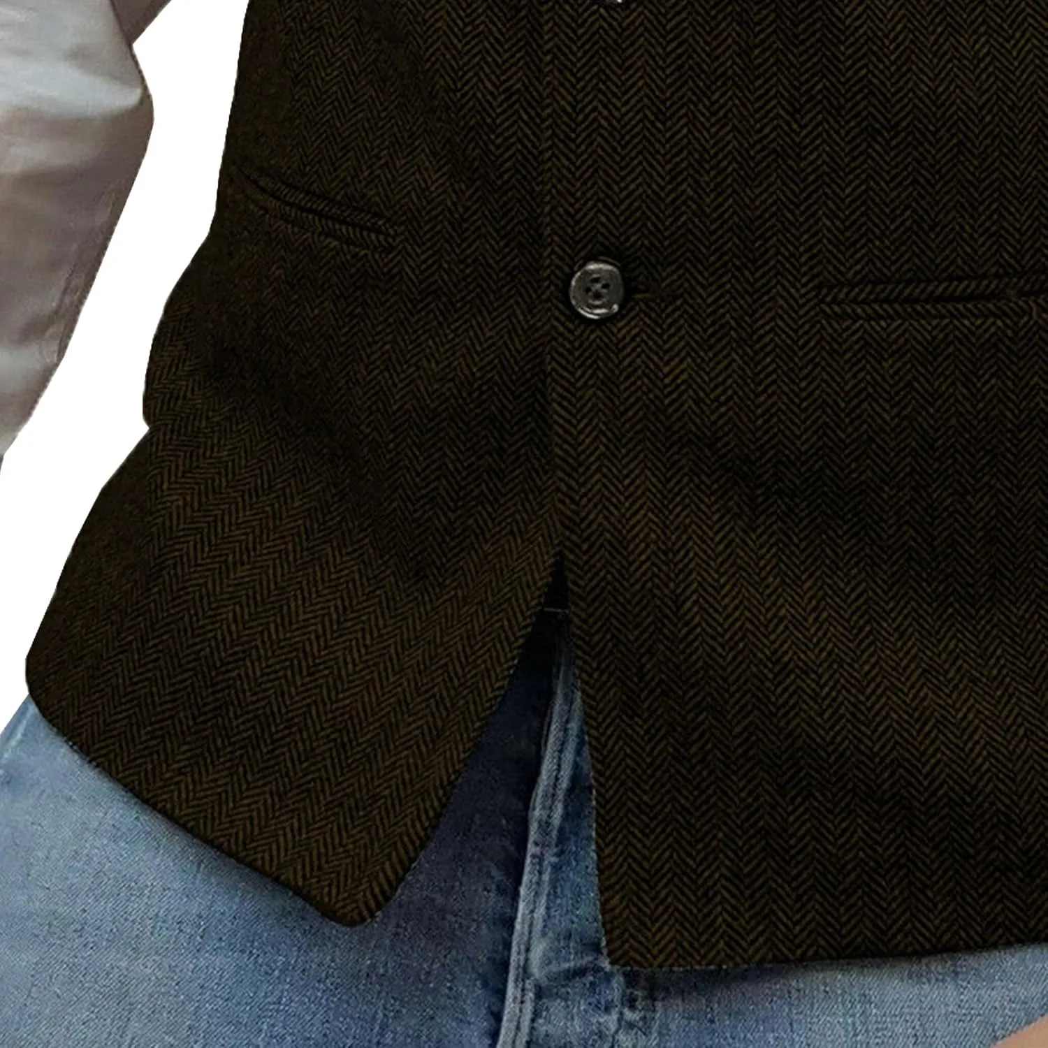 Mens Herringbone Wool Vests Slim Fit High Collar Waistcoats Tweed Wool Regular Fit Dress Vest