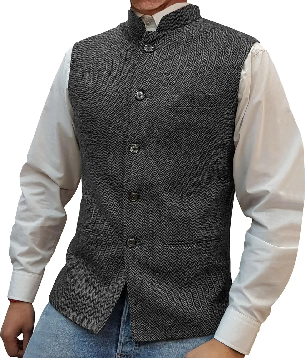 Mens Herringbone Wool Vests Slim Fit High Collar Waistcoats Tweed Wool Regular Fit Dress Vest