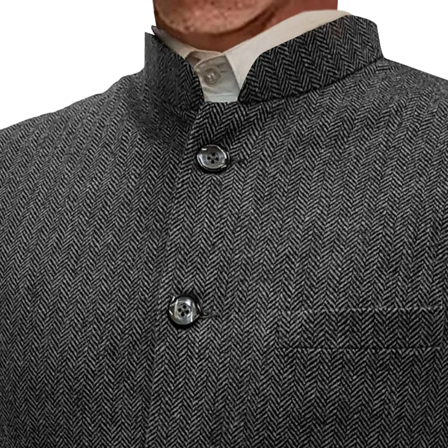 Mens Herringbone Wool Vests Slim Fit High Collar Waistcoats Tweed Wool Regular Fit Dress Vest