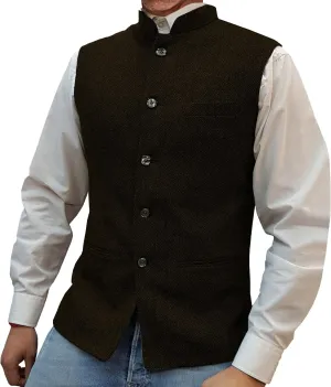 Mens Herringbone Wool Vests Slim Fit High Collar Waistcoats Tweed Wool Regular Fit Dress Vest